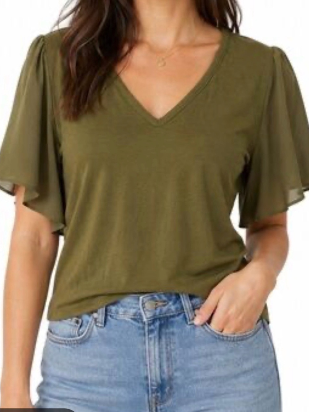 Michael Kors Olive Green V-Neck Flutter Sleeve Tee